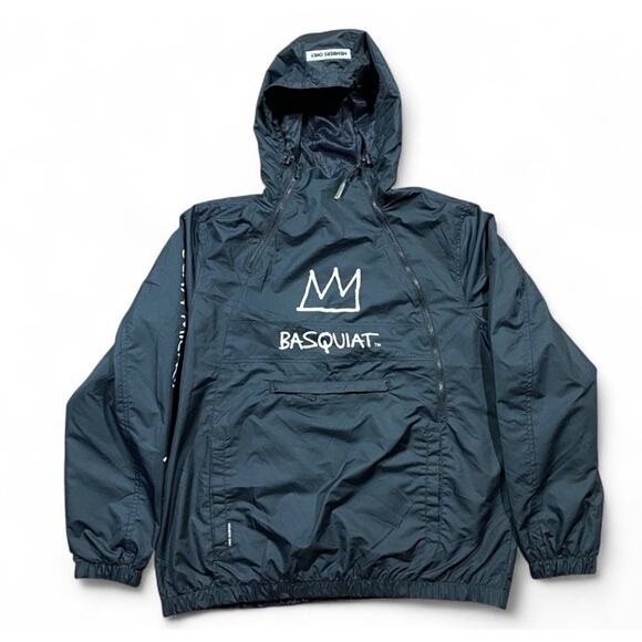 Basquiat Members Only Jacket L Black Hooded Windbreaker Crown Dino Art - Picture 2 of 10